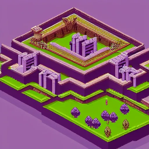 Prompt: pixelart illustration of an isometric ancient purple city