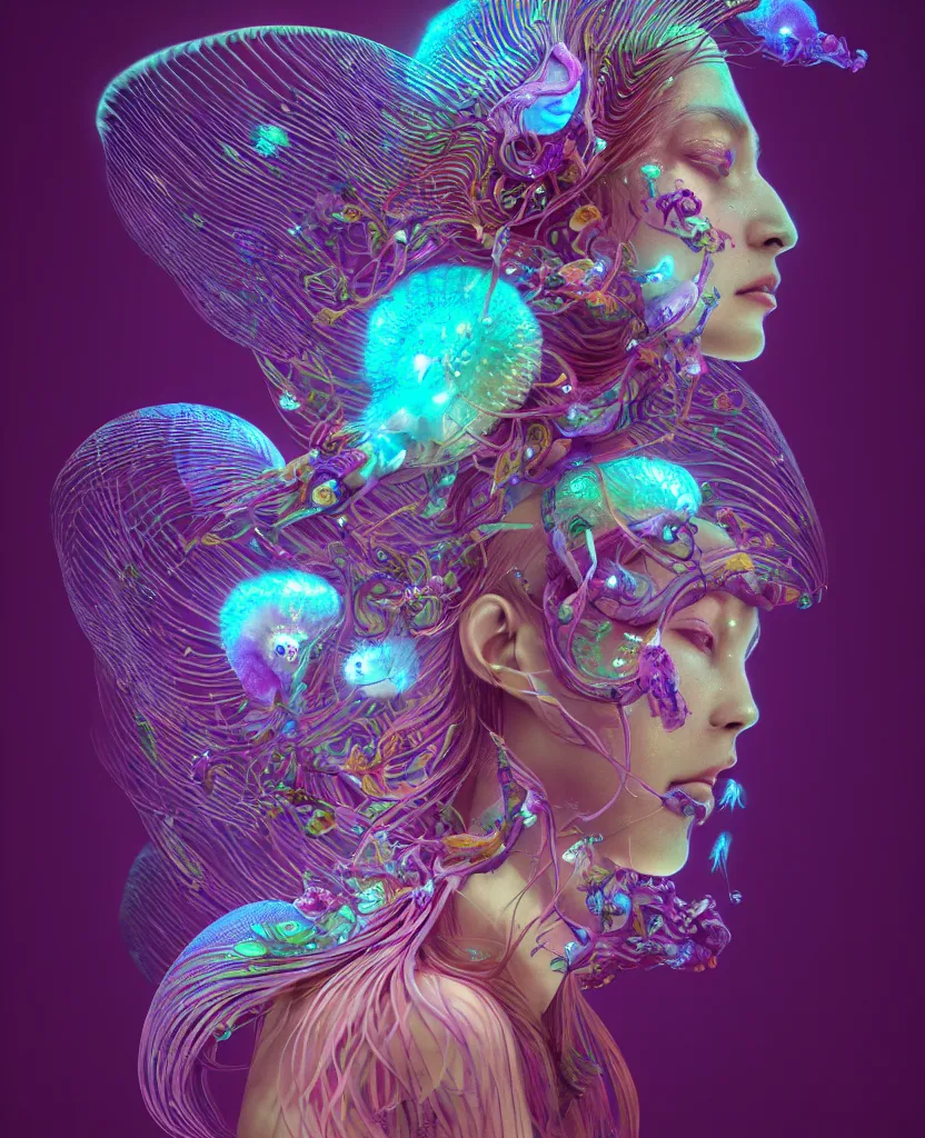 Image similar to goddess close-up portrait. dichroic orchid jellyfish phoenix head, nautilus, skull, betta fish, bioluminiscent creatures, intricate artwork by Tooth Wu and wlop and beeple. octane render, trending on artstation, greg rutkowski very coherent symmetrical artwork. cinematic, hyper realism, high detail, octane render, 8k