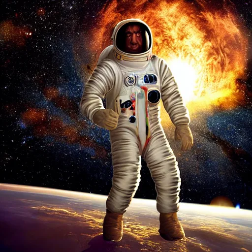 Prompt: neanderthal in a space suit floating in space, stars glittering in background