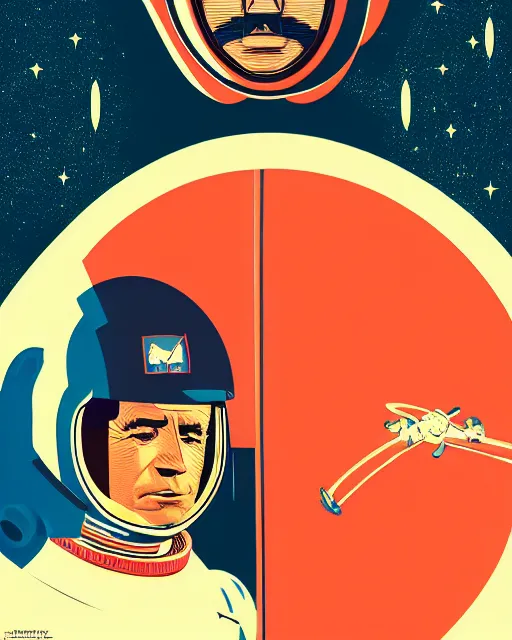 Image similar to joe biden 2 6 years old astronaut, retro space helmet, forbidden planet 1 9 5 6, retro futurism 1 9 5 0 s, half portrait by stanley artgerm, dramatic lighting, ilya kuvshinov, trending on artstation, flat colour, geometric curves, gradient filter, pleasing tone colours, space walk, by conrad roset