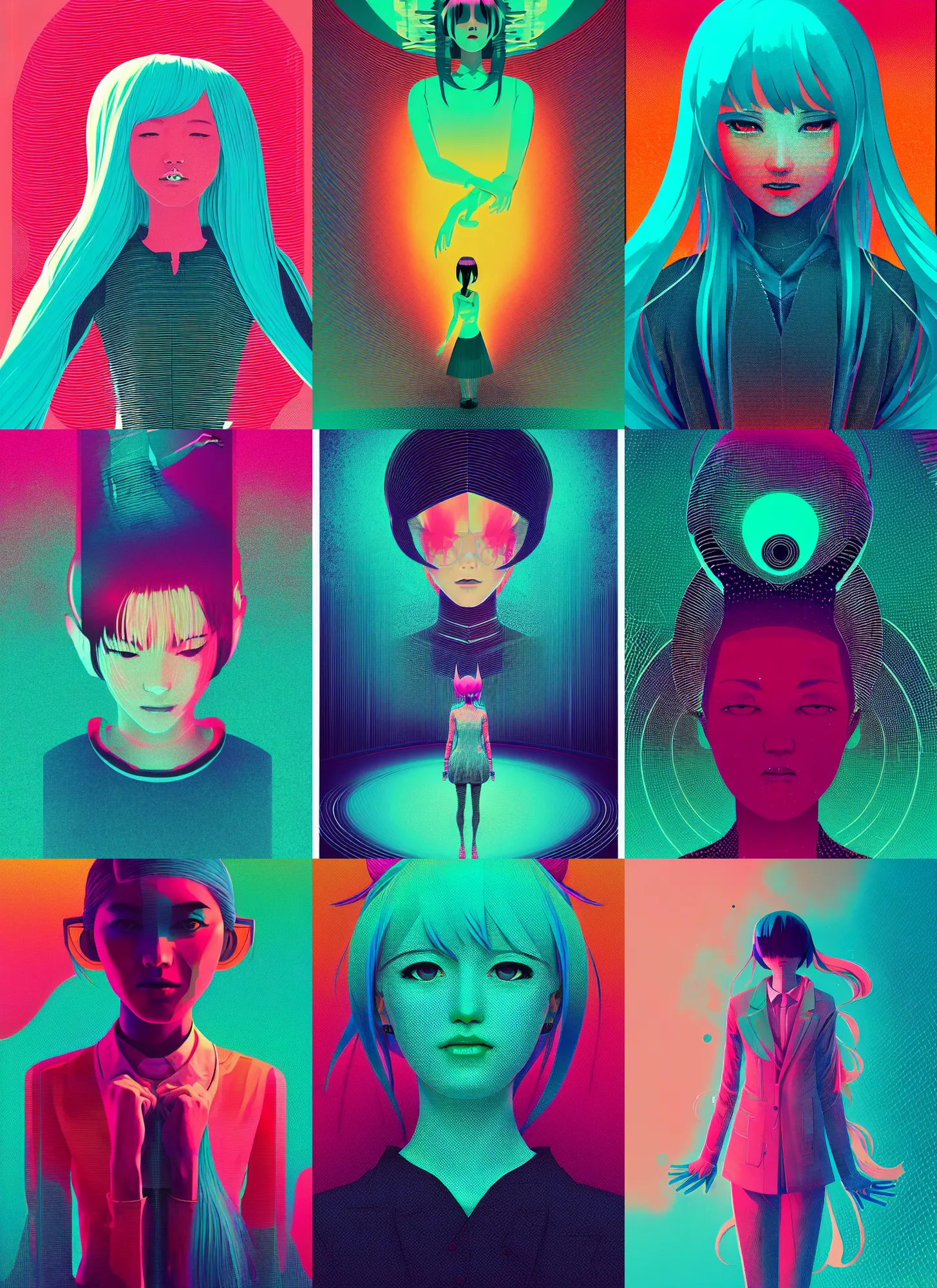Prompt: ( ( dither ) ), editorial illustration portrait of hatsune miku, dynamic pose, modern art deco, colorful, ( ( mads berg ) ), christopher balaskas, victo ngai, rich grainy texture, detailed, dynamic composition, wide angle, moebius, matte print, glitch art
