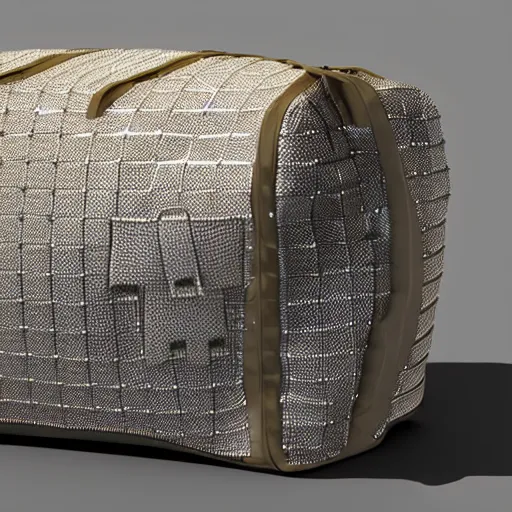 Image similar to a luxiourious zipped open duffle piling out with big diamonds, 3D render, studio lighting