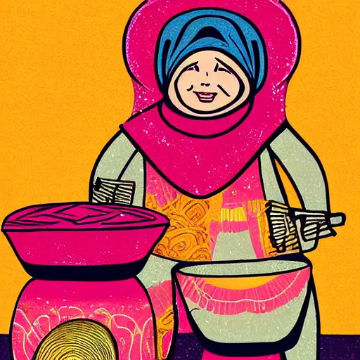 Image similar to a babushka playing drums on a stage, the drums look like giant muffins, digital art