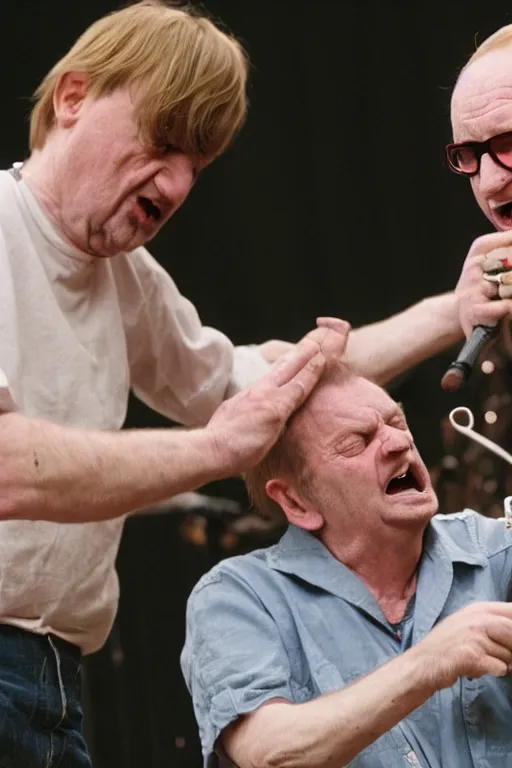Prompt: Mark E Smith attacking a middle aged man with balding very short blonde hair and glasses