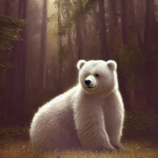 Image similar to cute fluffy bear who wants a hug digital painting, artstation, concept art, soft light, hdri, smooth, sharp focus, illustration, fantasy, intricate, elegant, highly detailed, D&D, matte painting, in the style of Greg Rutkowski and Alphonse Mucha and artemisia, 8k, highly detailed, jurgens, rutkowski, bouguereau, pastoral, rustic, georgic