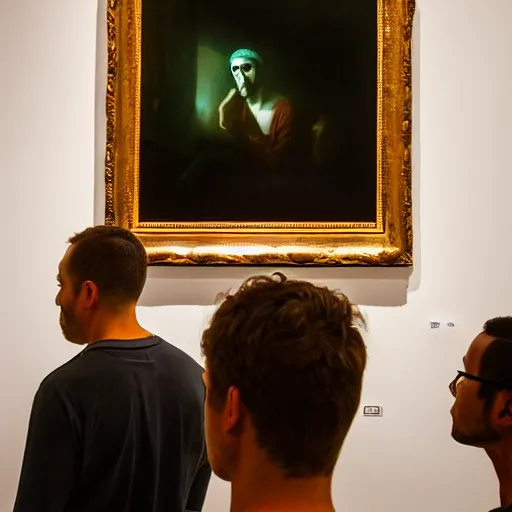 Image similar to A man staring at a painting of himself staring back. Modern art gallery. Wide angle. Photorealistic. Dramatic lighting. Award winning photography. 35mm photograph.