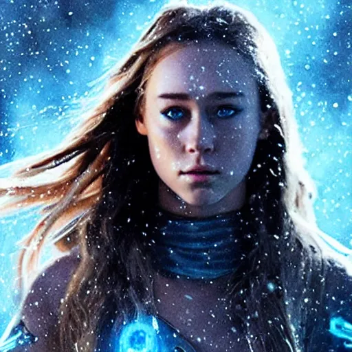 Image similar to alycia debnam carey as a cryomancer with ice aura, concept art, enchantress poses, snow flurry, Ray tracing reflection