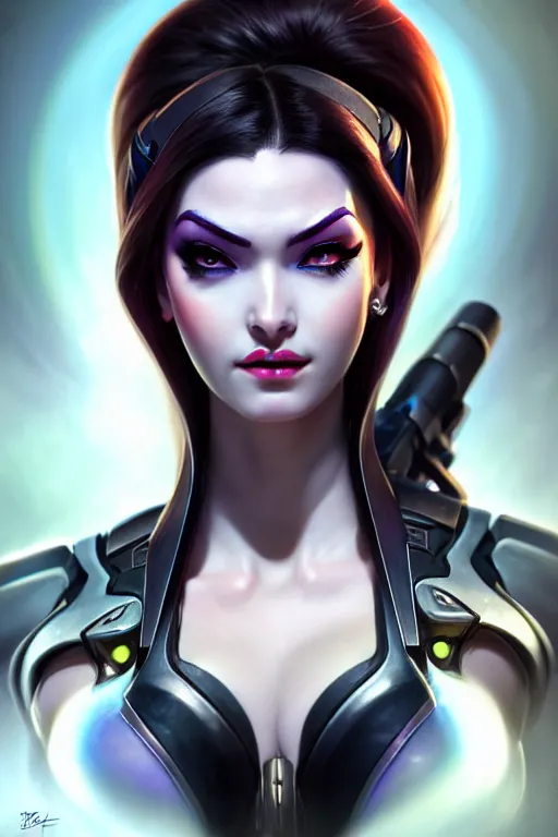 Image similar to epic lovely widowmaker portrait from overwatch, fantasy, fantasy art, character portrait, portrait, close up, highly detailed, scifi art, intricate detail, amazing detail, sharp focus, vintage fantasy art, vintage sci - fi art, radiant light, trending on artstation, caustics, by boris vallejo