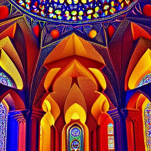 Image similar to cosmic cathedral created by the gods, intricate muqarnas, beautiful colors, bold architecture, detailed, 4 k