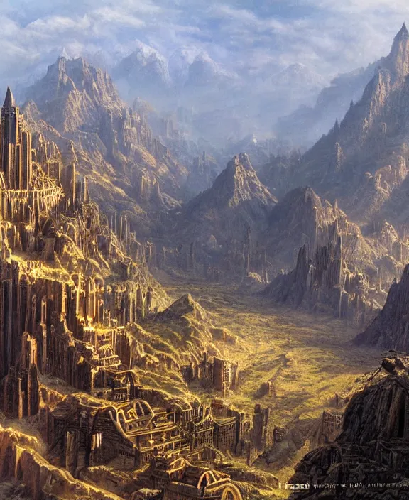 Prompt: a matte painting of a great city carved into the side of a mountain by ted nasmith