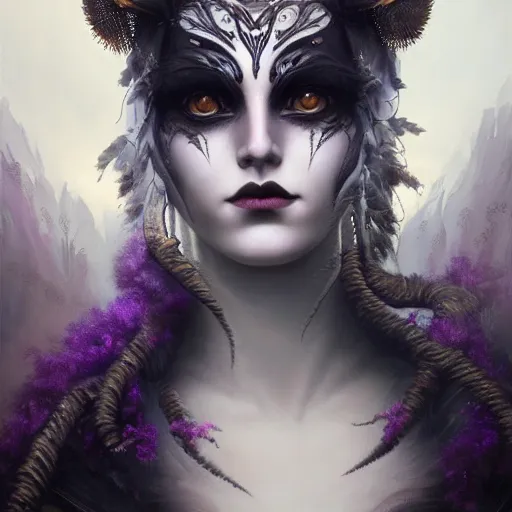 Image similar to tom bagshaw, soft painting fractal curiosities carnival, very beautiful female tigress in full nightshade gothic armor, accurate features, focus, very intricate ultrafine details, black white purple volumetric clouds, award winning masterpiece, octane render 8 k hd