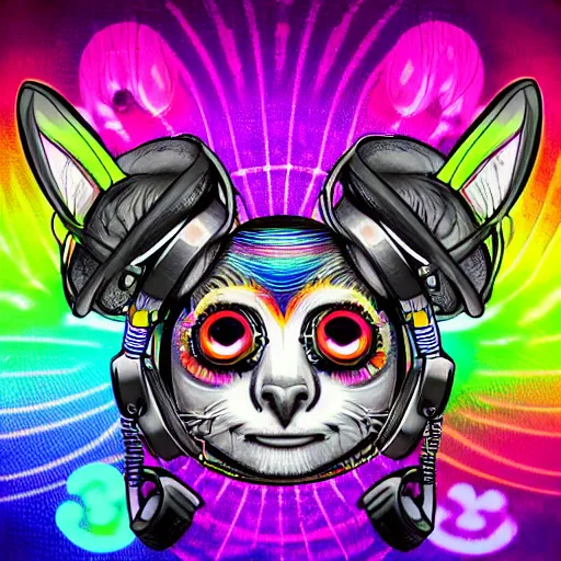 Image similar to shoulder back tattoo of a multicolored cute bush baby wearing headphones, in front is dj desk with cd mixer, eyes are colorful spirals, surrounded with colorful magic mushrooms and rainbowcolored marihuana leaves, insanely integrate