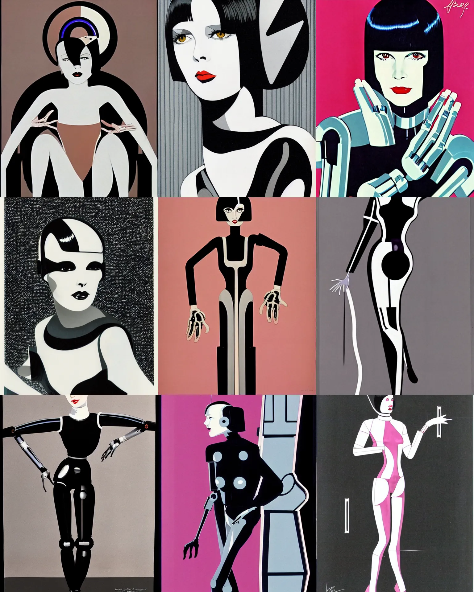 Prompt: mary louise brooks turning into a robot, half robot, 1 9 8 0 s, chrome outfit, airbrush, robot arms, black shiny bob haircut, by patrick nagel, art deco style