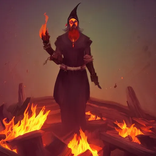 Image similar to male witch stands on a fire burning pyre, surrounded by flames, artstation