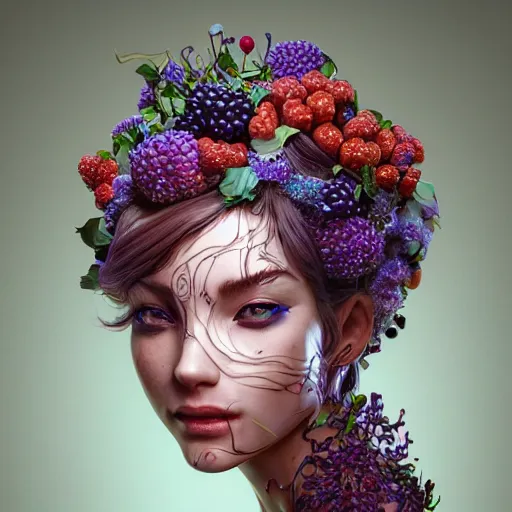 Image similar to the face of an absurdly beautiful, graceful, elegant, sophisticated woman made of blueberries and blackberries, an ultrafine hyperdetailed illustration by kim jung gi, irakli nadar, intricate linework, bright colors, octopath traveler, final fantasy, unreal engine 5 highly rendered, global illumination, radiant light, detailed and intricate environment