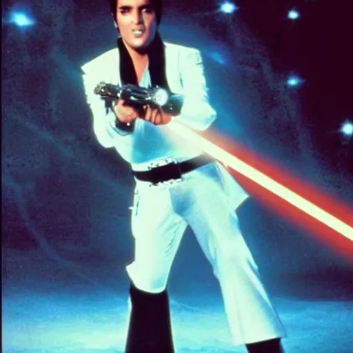 Image similar to elvis presley as a jedi in star wars, 1979 movie screen shot, epic lighting