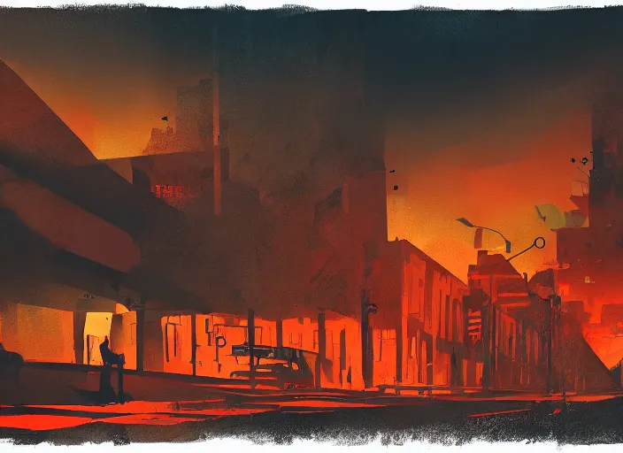 Image similar to editorial illustration by Karolis Strautniekas and Mads Berg, colorful, city of the lost,sky on fire, fine texture, detailed, matte colors, film noir, dramatic lighting, dynamic composition, moody, vivid, volumetric