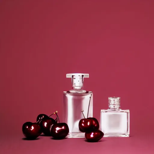 Image similar to perfume bottle surrounded by dark red cherries, softly - lit, realistic, up close shot, white background, zen, light, modern minimalist f 2 0