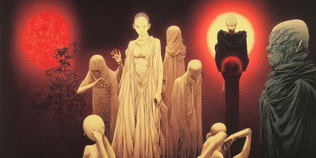 Image similar to the three fates akira anime, manga oil paint risograph gottfried helnwein beksinski aurora lighting carl spitzweg tokio aoyama david normal alex grey pablo amaringo mati klarwein detailed sculpture