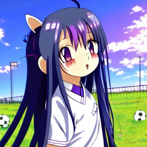 Prompt: A cute little anime girl with long indigo colored hair, wearing a school soccer uniform, in a large grassy green field, petting a cat, shining golden hour, she has detailed black and purple anime eyes, extremely detailed cute anime girl face, she is happy, child like, Japanese shrine in the background, Higurashi, black anime pupils in her eyes, Haruhi Suzumiya, Umineko, Lucky Star, K-On, Kyoto Animation, she is smiling and happy, lots of details