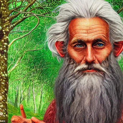 Image similar to a high detailed hyper-detailed painting of an old psychedelic and mystical hermit with white hair and a long beard, his skin has wrinkles and striking textures, he has an open third eye and is in a fantastic forest with magical creatures like sylphs, elves and elves