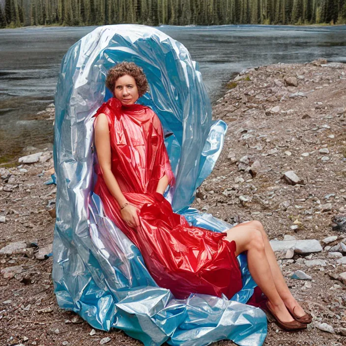 Prompt: a color photograph, closeup portrait of a woman wrapped in plastic, sitting in a plastic throne, in glacier national park in montana, color photograph, by vincent desiderio, canon eos c 3 0 0, ƒ 1. 8, 3 5 mm, 8 k, medium - format print