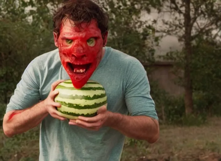 Prompt: film still of a man with a watermelon for a head in the new horror movie, 4 k