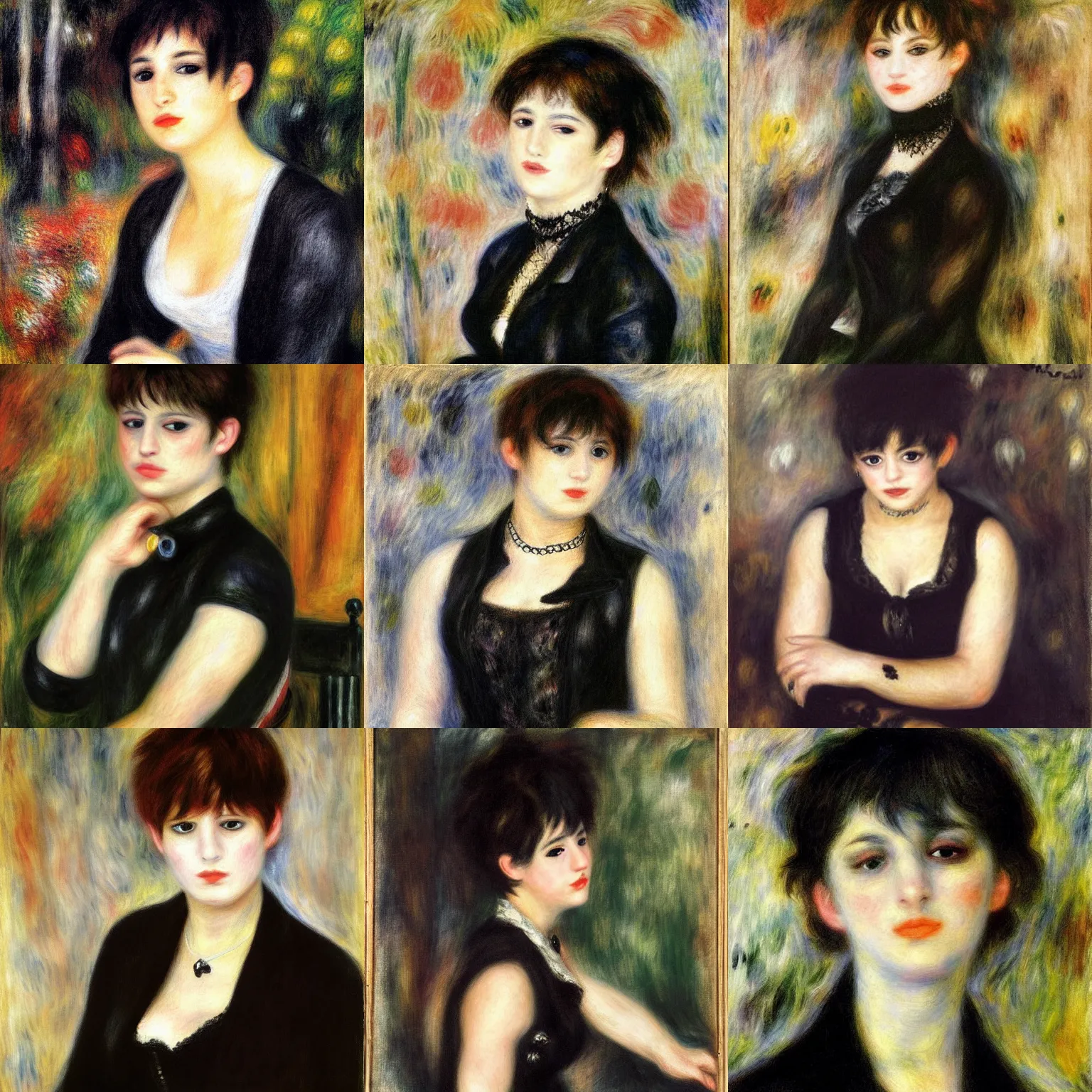 Prompt: an emo portrait by pierre - auguste renoir. her hair is dark brown and cut into a short, messy pixie cut. she has large entirely - black evil eyes. she is wearing a black tank top, a black leather jacket, a black knee - length skirt, a black choker, and black leather boots.