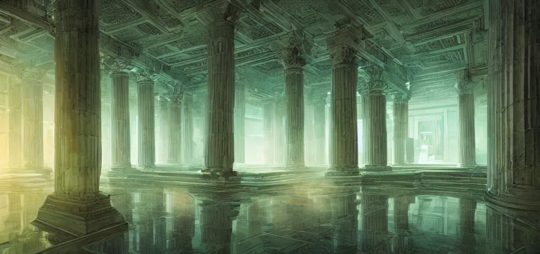 Image similar to Interior Greek Temple covered in green lychen in graphic style of Patrick Gleason and SANA TAKEDA artstation, trending on artstation, beautifully lit, volumetric, intricate, high detail, photo-bash, symmetric, Beautiful comic art