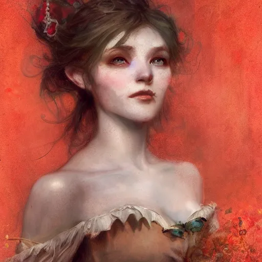 Prompt: Brian Froud and Jean-Baptiste Monge and Solomon Joseph Solomon and Richard Schmid and Jeremy Lipking victorian genre painting portrait painting of a young beautiful woman marverl DC comic book character fantasy costume, red background