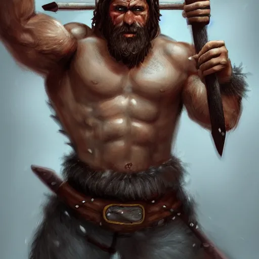 Image similar to portrait of a rugged warrior swinging an axe, muscular, upper body, hairy torso, D&D, fantasy, intricate, elegant, highly detailed, digital painting, artstation, concept art, matte, sharp focus, illustration