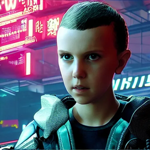Prompt: Millie Bobby Brown in Cyberpunk 2077 by Yoji Shinkawa