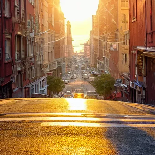 Prompt: beautiful photograph of a street during a golden hour