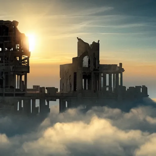 Prompt: ancient hi tech superstructure standing above the clouds with an abandoned city on top, photograph, derelict, hyperrealism,