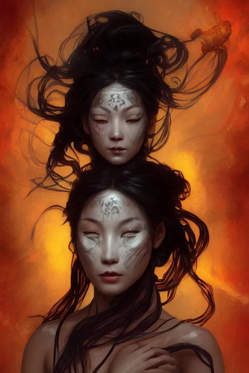 Prompt: beautiful mystery and gorgerous and black magic and stunning female ninja with face mask portrait+smoky eyes+light flowing hair, in mudra and firefly night ruin tokyo temple, ultradetail face, art and illustration by tian zi and craig mullins and WLOP and alphonse mucha, dynamic light, ssci-fi, fantasy, intricate complexity, fantasy world concept, watermark, blurry, hyperrealism 8k