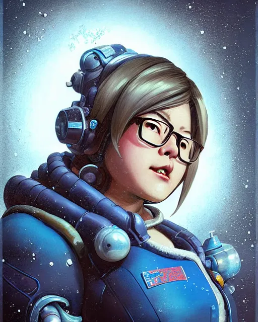 Prompt: mei from overwatch, character portrait, ice, cold, snow, sci - fi armor, portrait, close up, concept art, intricate details, highly detailed, vintage sci - fi poster, retro future, in the style of chris foss, rodger dean, moebius, michael whelan, and gustave dore