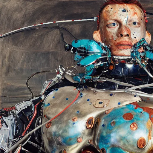 Image similar to high quality high detail painting by lucian freud and jenny saville, hd, samurai robot, turquoise