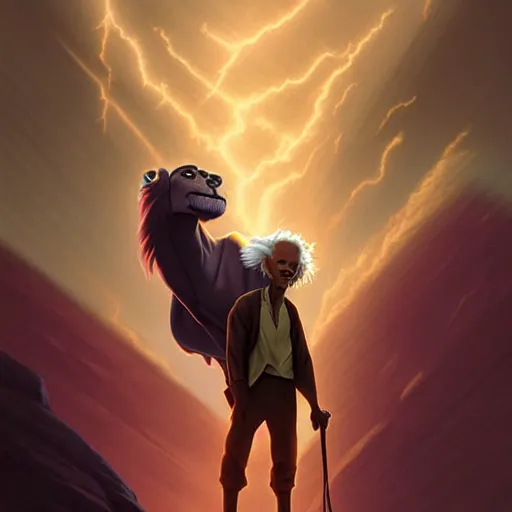 Image similar to portrait of doc brown!!!! riding!!!!!!!!!!!!!! on ( ( ( ( lion king ) ) ) ), disney animation, sharp, illustration, sharp, fanart, anime key art by greg rutkowski, bloom, dramatic lighting sharp focus, cinematic, artbook, smooth, centered