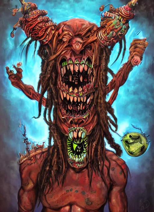 Image similar to a grotesque cyborg demon with dreadlocks telling a joke, airbrush art, shamanic horror lsd art, by basuki abdullah