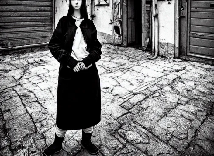 Image similar to 2 0 years old female gopnik, soviet yard, typical russian atmosphere, symmetrical, cinematic, real photography