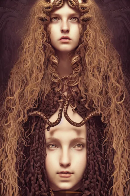 Image similar to Pre-raphaelite Perfectly-centered Hyperdetailed Hyper realistic symmetrical cinematic RPG digital art portrait-illustration of beautiful teenager Medusa in a highschool locker room, snakes for hair, style of epic sci-fi comic-book cover, 3D rim light, octane, cgsociety, smooth, sharp focus