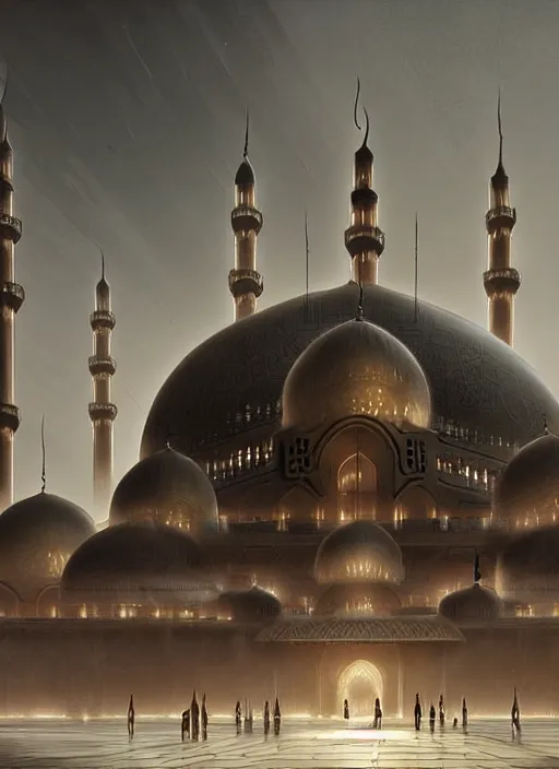 Image similar to epic futuristic mosque. highly detailed, digital painting, concept art, smooth, sharp focus, illustration, art by greg rutkowski