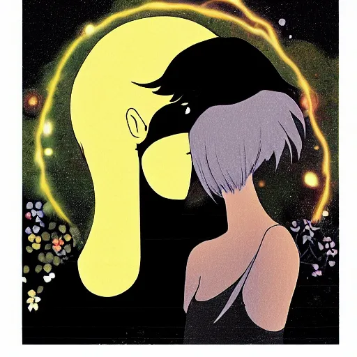 Prompt: ghibli style illustration of the personification of light and the personification of darkness kissing