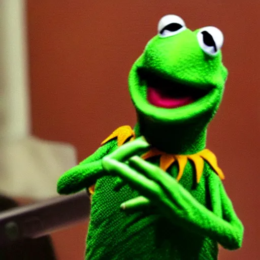 Prompt: “ kermit the drug smoking a joint on the joe rogan podcast, vivid, photorealistic ”