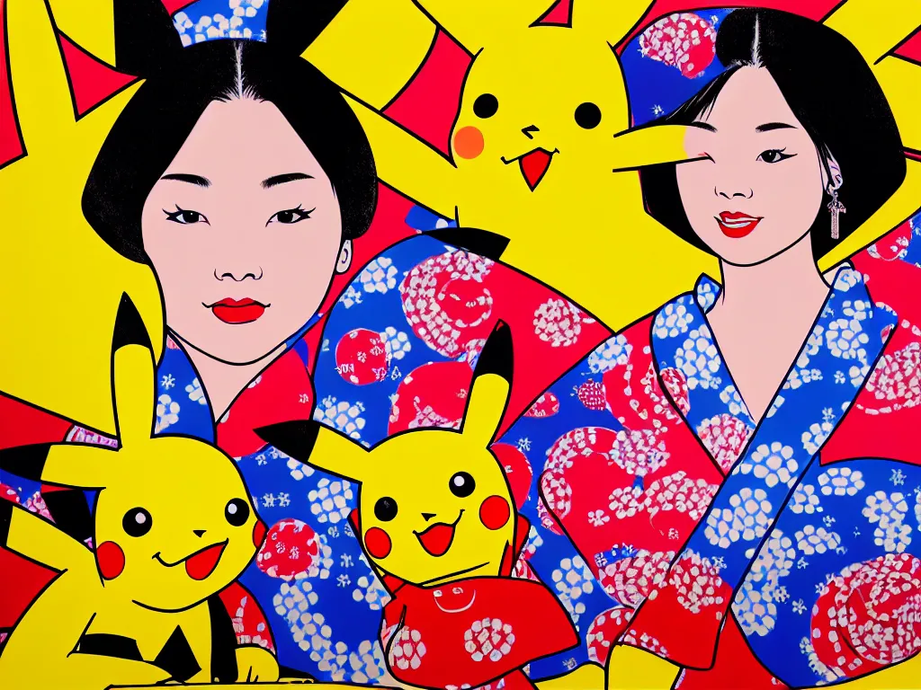 Image similar to hyperrealism composition of the detailed woman in a japanese kimono sitting at a poker table with pikachu, fireworks on the background, pop - art style, jacky tsai style, andy warhol style, acrylic on canvas