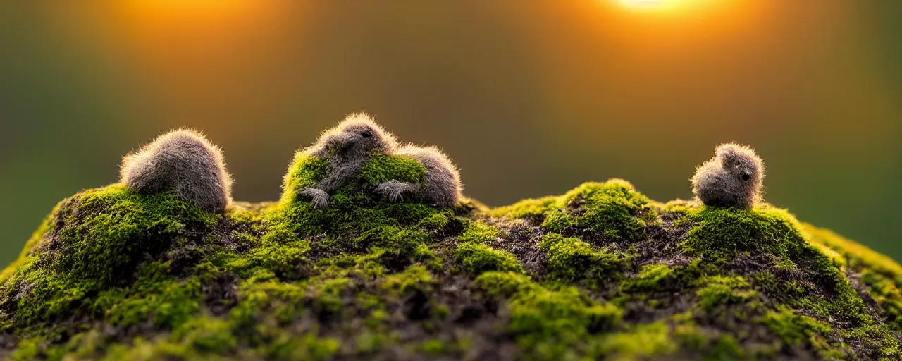 Image similar to a tiny cute mossy forest creature by bobby chiu, at sunset, macro photography, goro fujita