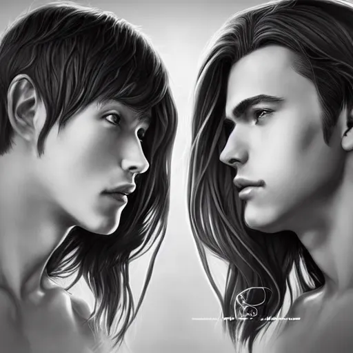 Prompt: perfectly centered symmetrical split male and female portrait of man and woman in love sharing one heart ; art by artgerm, photorealistic, highly detailed ; trending on artstation