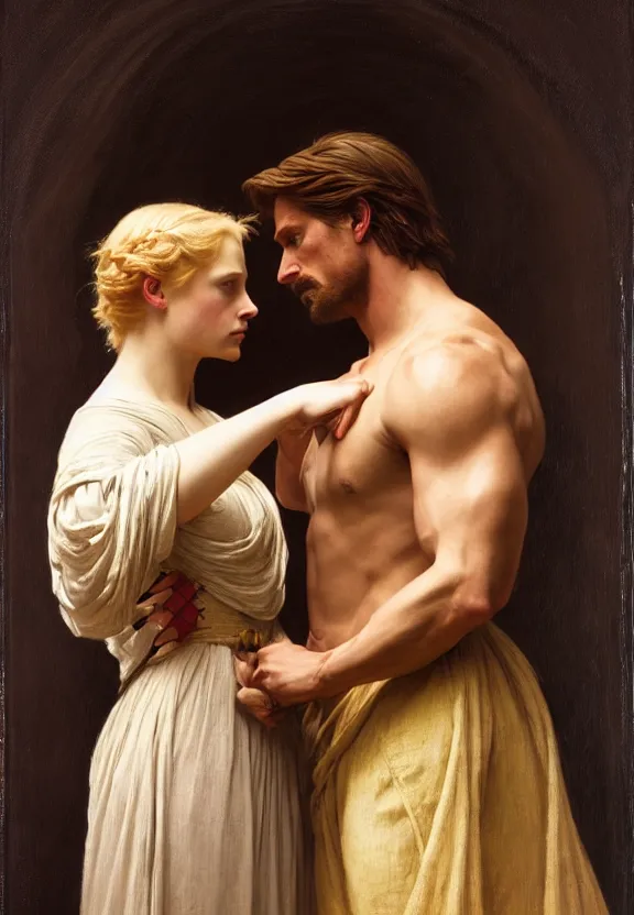 Image similar to attractive handsome fully clothed jaime lannister confesses his love for attractive fully armored brienne of tarth. centered composition. highly detailed painting by gaston bussiere and j. c. leyendecker and william adolphe bouguereau and fra angelico and octane render, musee d'orsay 8 k