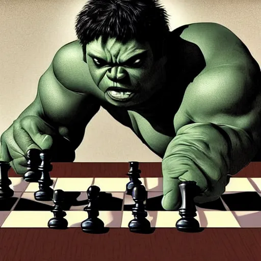 Prompt: hulk playing chess against a human, digital art