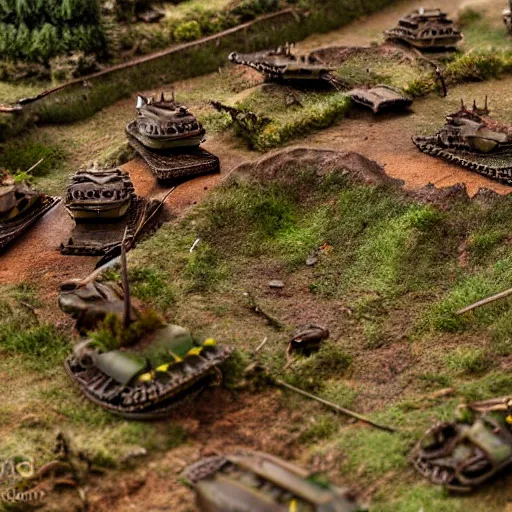 Prompt: photograph of a diorama of a battlefield, tanks and trenches, ruins, bokeh, macro photography